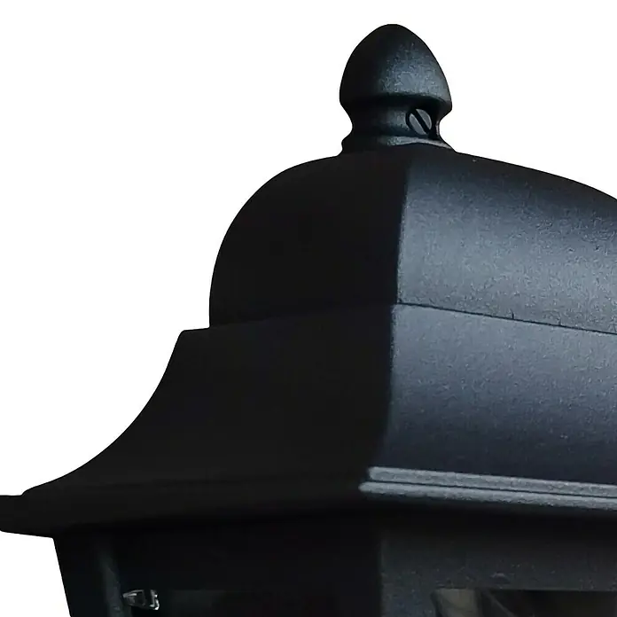 Elstead Außenwandleuchte Deco lane - 60 W, 11 x 32,5 x 32,5 cm, Schwarz, IP44 - Nahaufnahme einer schwarzen Außenleuchte mit dekorativer Spitze und matter Oberfläche, die eine elegante Beleuchtungslösung darstellt.
