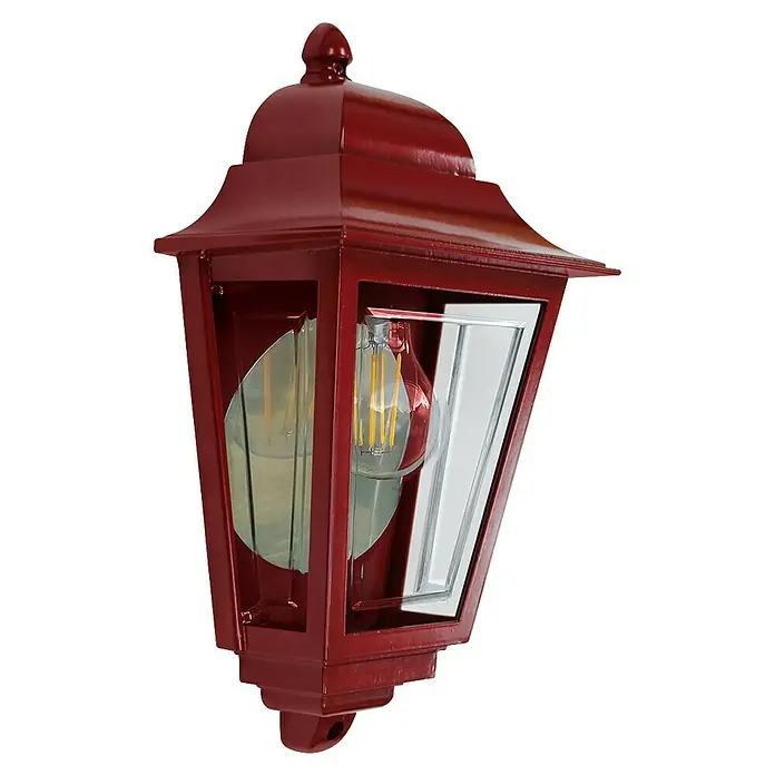 Elstead Außenwandleuchte Deco lane - 60 W, 11 x 32,5 x 32,5 cm, Rot, IP44 - Nahaufnahme einer roten Außenwandleuchte mit einer klaren Glühbirne im Inneren, die eine warme und einladende Beleuchtung bietet.