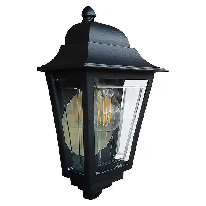Elstead Außenwandleuchte Deco lane - 60 W, 11 x 32,5 x 32,5 cm, Schwarz, IP44 - Nahaufnahme einer schwarzen Außenwandleuchte mit einer Edison-Glühbirne, die ein warmes, einladendes Licht ausstrahlt, ideal für die Beleuchtung von Hauseingängen.