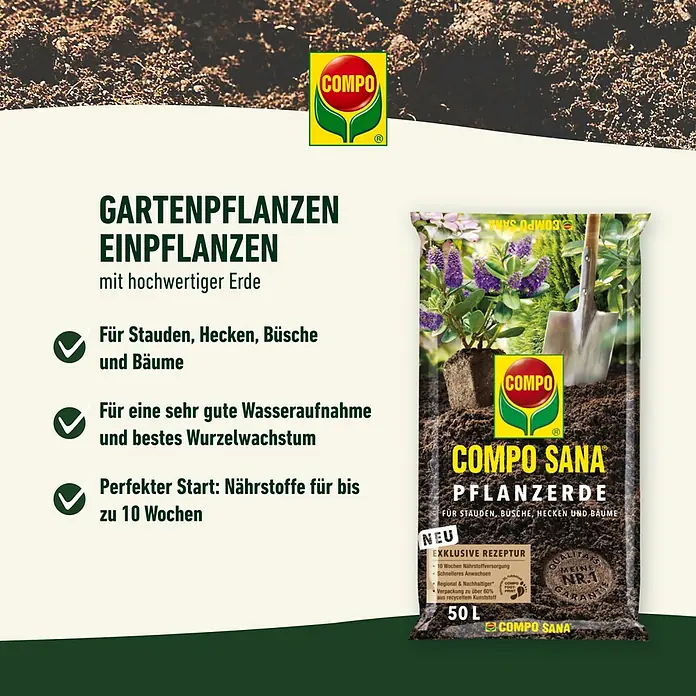 Compo Sana Blumenerde für Stauden, Büsche, Hecken und Bäume - 70 l - COMPO SANA Pflanzerde für Gartenpflanzen. Hochwertige Erde für Stauden, Hecken, Büsche und Bäume mit bis zu 10 Wochen Nährstoffen.