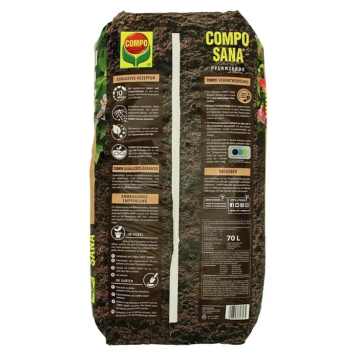 Compo Sana Blumenerde für Stauden, Büsche, Hecken und Bäume - 70 l - COMPO SANA Pflanzerde Sack. Hochwertige Blumenerde für optimale Pflanzenversorgung, ideal für Garten und Kübel, mit Langzeitwirkung.