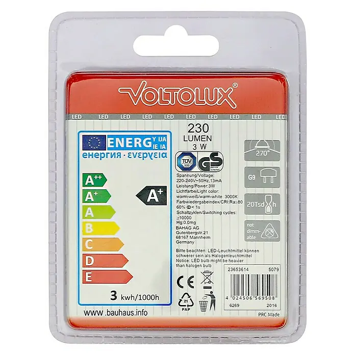 Voltolux LED-Lampe Pin G9 - G9, Nicht Dimmbar, Warmweiß, 230 lm, 3 W - Verpackte Voltolux LED-Lampe mit 230 Lumen, 3W, warmweiß, Energieeffizienz A+, G9 Sockel, nicht dimmbar für stimmungsvolle Beleuchtung.