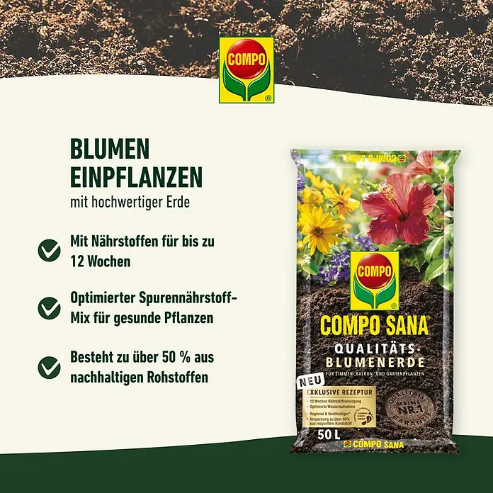 Compo Sana Blumenerde - 5 l - COMPO SANA Qualitätsblumenerde: Hochwertige Erde für gesundes Pflanzenwachstum, mit Nährstoffen für bis zu 12 Wochen und nachhaltigen Rohstoffen.