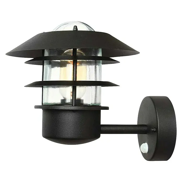 Elstead Außenwandleuchte Helsingor - 60 W, 26 x 21,8 x 23,6 cm, Schwarz, IP44, Bewegungsmelder - Schwarze Außenwandleuchte mit klarem Glas und Bewegungssensor für stilvolle Beleuchtung im Außenbereich.
