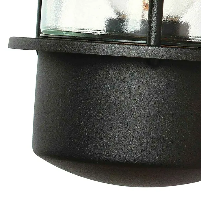 Elstead Außenwandleuchte Helsingor - 60 W, 26 x 21,8 x 23,6 cm, Schwarz, IP44, Bewegungsmelder - Nahaufnahme einer schwarzen Außenleuchte mit einem robusten Design und einem klaren, schützenden Glasgehäuse.