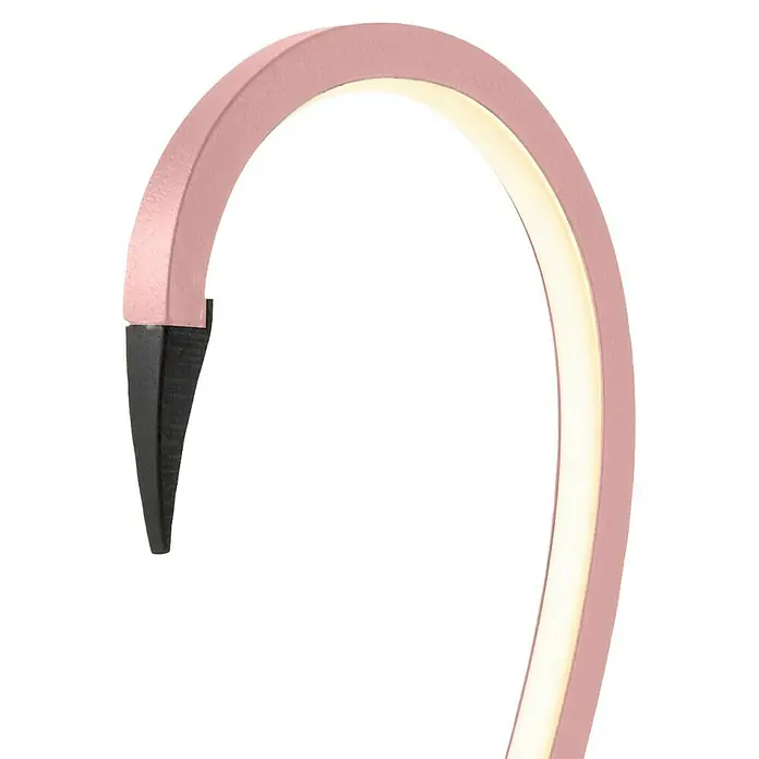 Elstead LED-Tischleuchte Flamingo - 6 W, L x B x H: 15 x 15 x 50 cm, Pink, Warmweiß - Nahaufnahme einer modernen rosa Bogenlampe mit warmweissem Licht, die ein elegantes und minimalistisches Design zeigt.