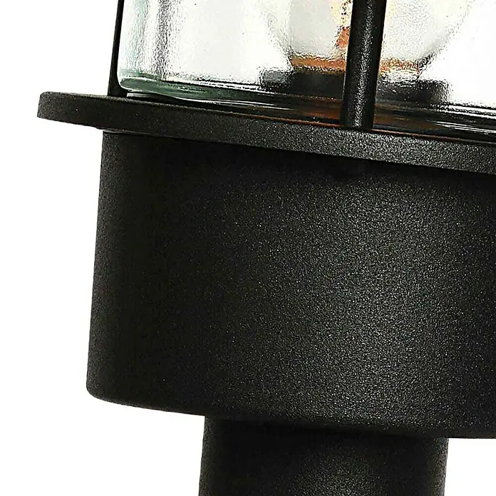 Elstead Außensockelleuchte Helsingor - 50 W, Farbe Gehäuse: Schwarz, 21,8 cm x 21,8 mm x 23,6 cm, Ohne Leuchtmittel - Detailaufnahme einer schwarzen Außenleuchte mit Glas, die ein modernes und robustes Design für den Außenbereich zeigt.