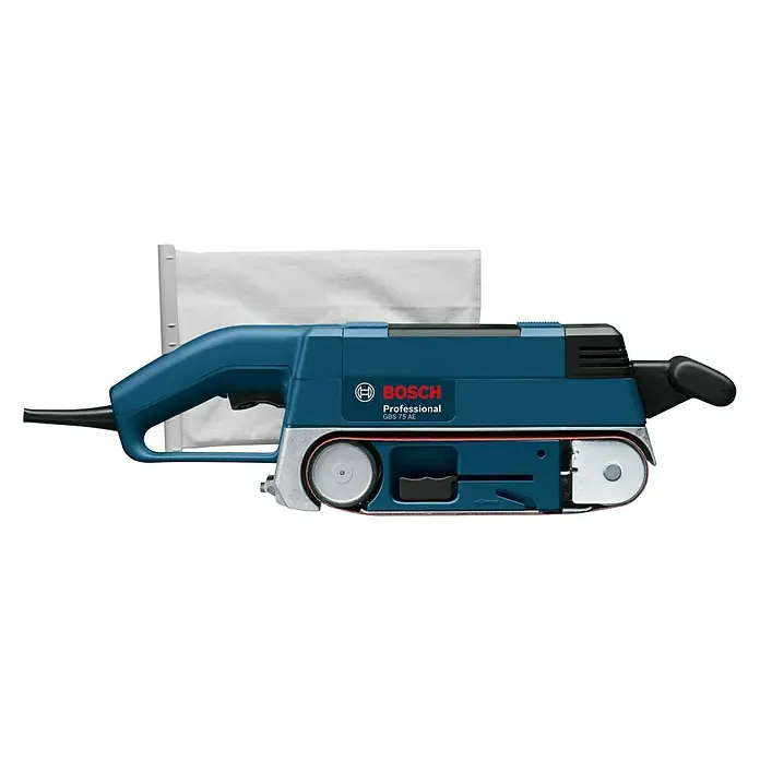 Bosch Professional Elektro-Bandschleifmaschine GBS 75 AE - 750 W, 200 m/min - 330 m/min - Abbildung eines Bosch GBS 75 AE Professional Bandschleifers mit Staubbeutel.