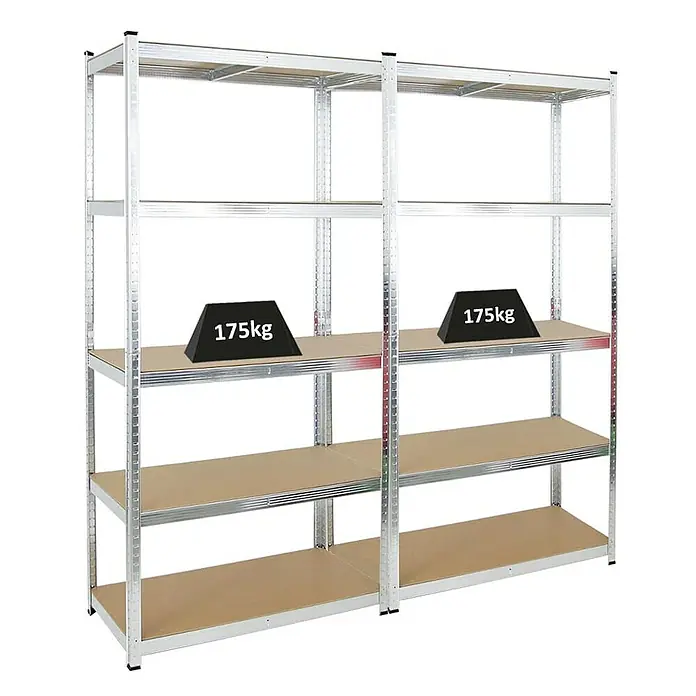 Proregal Schwerlastregal Mega Deal Kellerregal GORILLA - Traglast pro Boden: 175 kg, Anzahl Böden: 5 Stk., Stecken, Silber - Abbildung von zwei silbernen Metallregalen mit Holzplatten und einer Belastung von 175 kg auf einer der Platten.