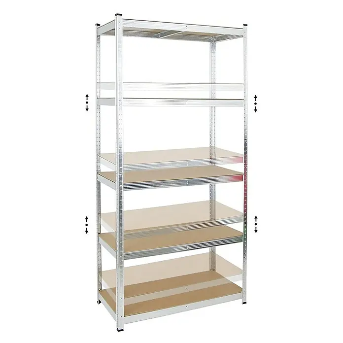 Proregal Schwerlastregal Mega Deal Kellerregal GORILLA - Traglast pro Boden: 175 kg, Anzahl Böden: 5 Stk., Stecken, Silber - Bild eines freistehenden, silberfarbenen Metallregals mit fünf Regalböden aus hellem Holz, das Stabilität und Ordnung verspricht.