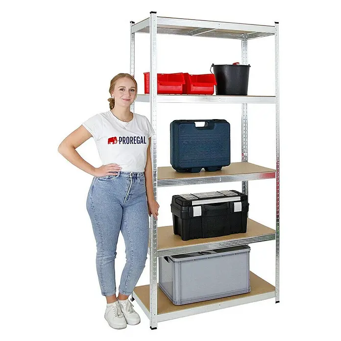 Proregal Schwerlastregal Mega Deal Kellerregal GORILLA - Traglast pro Boden: 175 kg, Anzahl Böden: 5 Stk., Stecken, Silber - Bild eines Metallregals mit fünf Ebenen, gefüllt mit verschiedenen Boxen und Eimern. Eine Frau steht daneben.