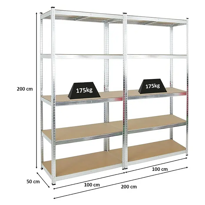 Proregal Schwerlastregal Mega Deal Kellerregal GORILLA - Traglast pro Boden: 175 kg, Anzahl Böden: 5 Stk., Stecken, Silber - Metallregal mit vier Ebenen und den Maßen 200x100x50 cm, belastbar mit 175kg pro Ebene. Ideale Lagerlösung für Garage oder Keller.