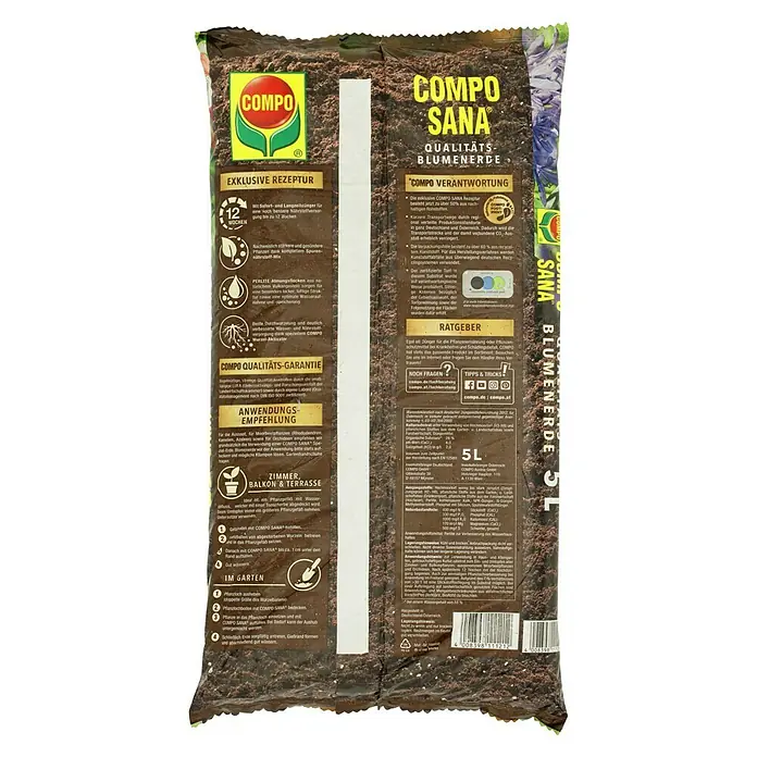 Compo Sana Blumenerde für Zimmer-, Balkon- & Gartenpflanzen - 5 l - COMPO SANA Qualitätsblumenerde: Exklusive Rezeptur für Zimmer-, Balkon- & Terrassenpflanzen, mit Langzeitdünger und Perlite für optimale Bedingungen.