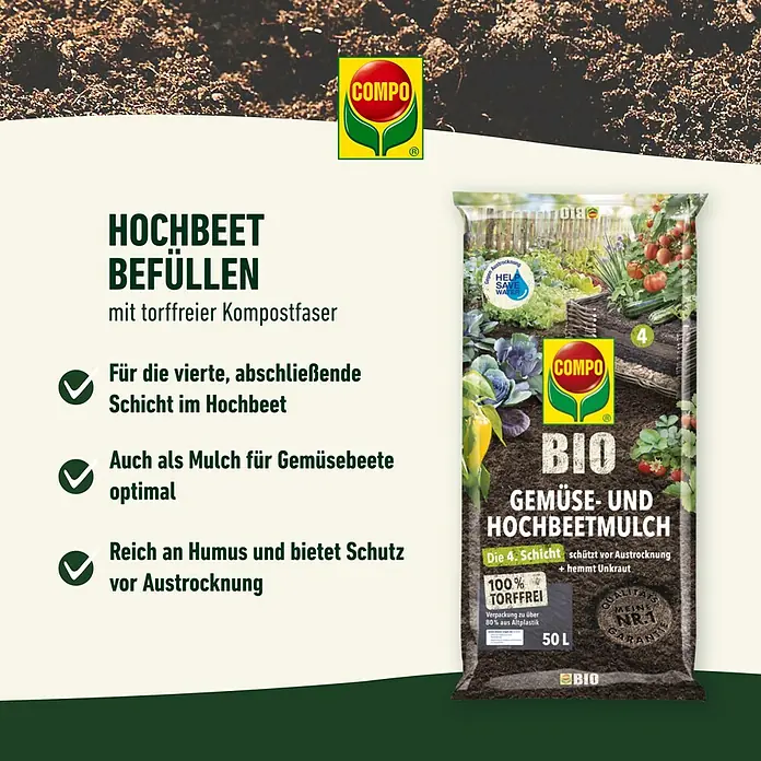 Compo Rindenmulch - 50 l - COMPO Bio Gemüse- und Hochbeetmulch: Torffreie Kompostfaser für die vierte Schicht im Hochbeet, ideal als Mulch.