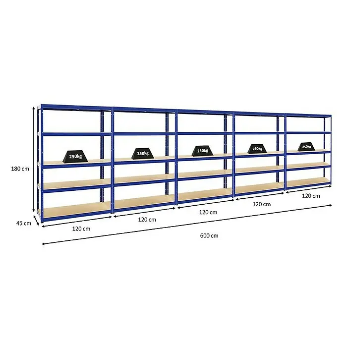 Proregal Schwerlastregal Mega Deal Big Elephant S - Traglast pro Boden: 250 kg, Anzahl Böden: 5 Stk., Stecken, Blau - Abbildung eines modularen Schwerlastregalsystems in Blau mit Holzböden, ideal für Lagerung und Organisation.