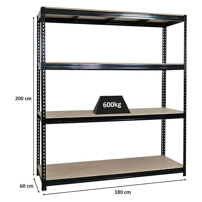 Proregal Schwerlastregal Mega Deal BISON - Traglast pro Boden: 600 kg, Anzahl Böden: 4 Stk., Stecken, Schwarz - Produktansicht eines schwarzen Metallregals mit vier Böden und den Maßen 200 cm Höhe, 180 cm Breite und 60 cm Tiefe.