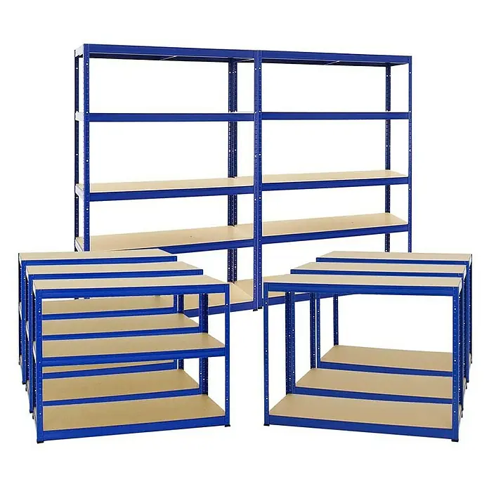Proregal Schwerlastregal Mega Deal Big Elephant S - Traglast pro Boden: 250 kg, Anzahl Böden: 5 Stk., Stecken, Blau - Blaue Metallregale mit Holzregalböden. Ideal für Lagerung und Organisation in Werkstatt oder Garage.