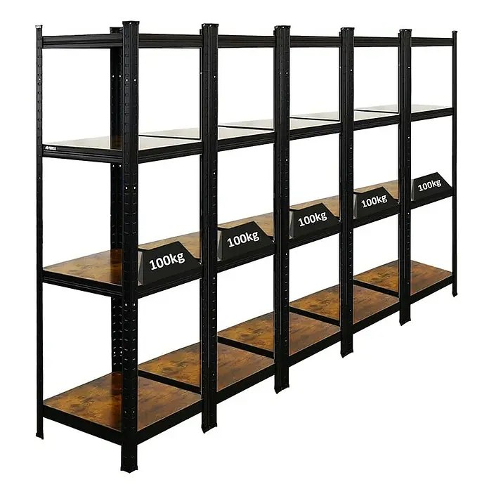 Proregal Metallregal Mega Deal All Black Series Ragnar - Traglast pro Boden: 100 kg, Anzahl Böden: 4 Stk., Stecken, Schwarz - Schwarzes Schwerlastregal mit vier Ebenen und einer Traglast von 100 kg pro Ebene für Lager und Werkstatt.