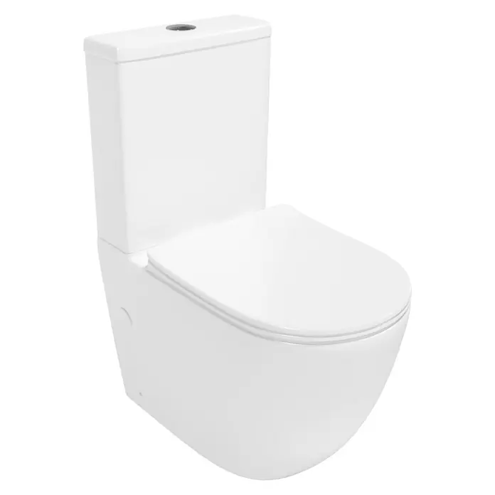Pack de WC Pisa - Sin borde de descarga, Salida dual, Blanco - Primer plano de un inodoro blanco. El producto presenta un diseño moderno y minimalista.