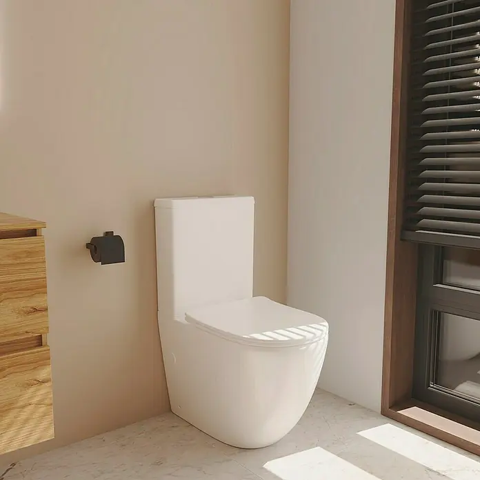 Pack de WC Pisa - Sin borde de descarga, Salida dual, Blanco - Un inodoro blanco moderno con cisterna y un portarrollos en la pared, presentado en un baño luminoso y limpio. Diseño funcional.