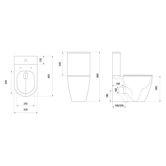 Pack de WC Pisa - Sin borde de descarga, Salida dual, Blanco - Dibujo técnico de un inodoro con medidas para la instalación y el diseño.