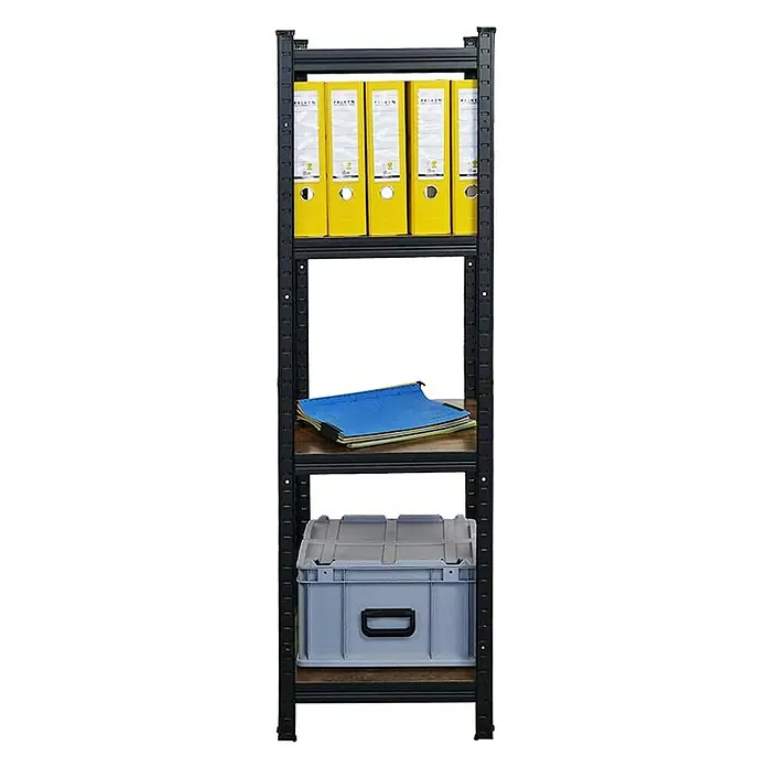 Proregal Metallregal Mega Deal All Black Series Ragnar - Traglast pro Boden: 100 kg, Anzahl Böden: 4 Stk., Stecken, Schwarz - Das Bild zeigt ein Regal mit gelben Aktenordnern, blauen Hängeordnern und einem grauen Kunststoffbehälter. Das Regal ist schwarz und hat drei Ebenen.