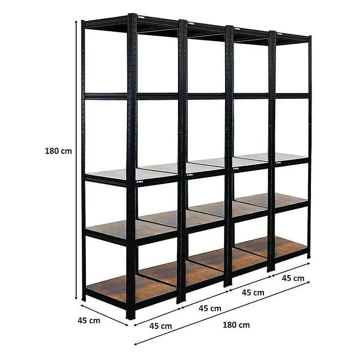 Proregal Metallregal Mega Deal All Black Series Ragnar - Traglast pro Boden: 100 kg, Anzahl Böden: 5 Stk., Stecken, Schwarz - Produktfoto: Das Regal mit vier Ebenen hat eine Höhe von 180 cm und eine Breite von 45 cm. Das Regal ist schwarz und die Regalböden sind braun.
