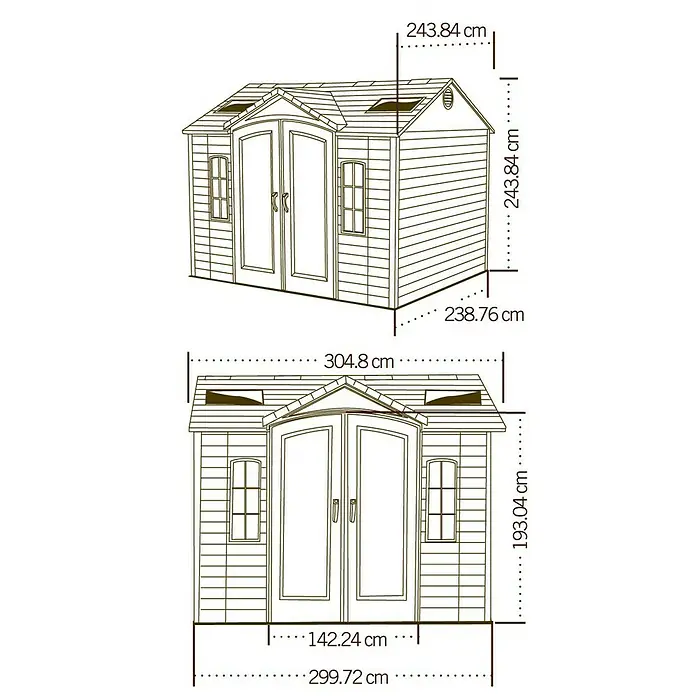 Lifetime Gerätehaus Sky - Außenbreite inkl. Dachüberstand: 240 cm, Außentiefe inkl. Dachüberstand: 305 cm, Stahl, Lichtgrau/Anthrazit - Die Abbildung zeigt eine schematische Darstellung eines Gartenhauses mit Maßangaben.