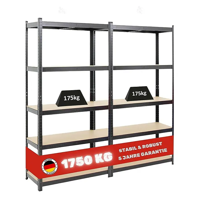 Proregal Schwerlastregal Mega Deal Kellerregal GORILLA - Traglast pro Boden: 175 kg, Anzahl Böden: 5 Stk., Stecken, Schwarz - Das Bild zeigt ein stabiles Schwerlastregal mit mehreren Ebenen, das mit bis zu 1750 kg belastbar ist.