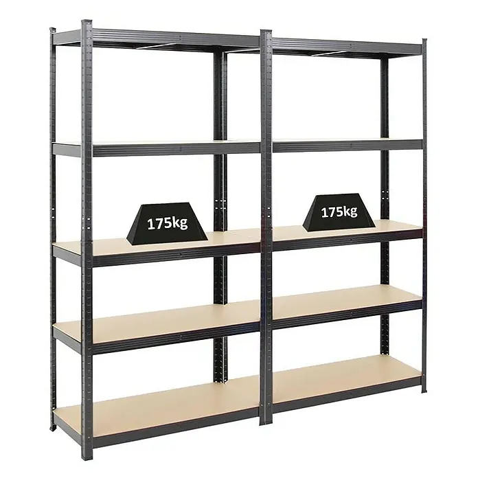 Proregal Schwerlastregal Mega Deal Kellerregal GORILLA - Traglast pro Boden: 175 kg, Anzahl Böden: 5 Stk., Stecken, Schwarz - Zwei Schwerlastregale mit je vier Ebenen und einer Gewichtsangabe von 175kg pro Ebene.