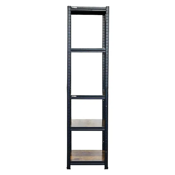 Proregal Metallregal Mega Deal All Black Series Ragnar - Traglast pro Boden: 100 kg, Anzahl Böden: 5 Stk., Stecken, Schwarz - Bild eines schwarzen Metallregals mit Holzregalböden. Das Regal ist leer und hat vier Ablageflächen. Ideal für Lagerung und Organisation.