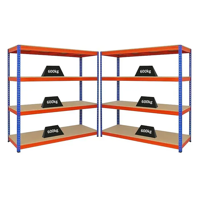 Proregal Schwerlastregal Mega Deal BISON - H x B x T: 200 x 200 x 60 cm, Traglast pro Boden: 600 kg, Anzahl Böden: 4 Stk., Stecken, Blau-Orange - Zwei Lagerregale mit je vier Regalböden, beladen mit 600 kg schweren Gewichten. Robuste Regalkonstruktion für schwere Lasten in Lager und Werkstatt.