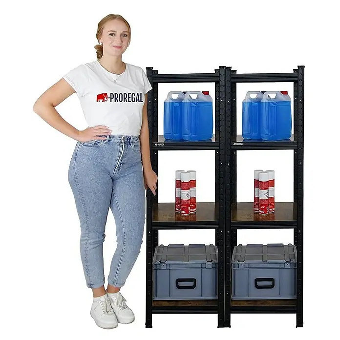 Proregal Metallregal Mega Deal All Black Series Ragnar - Traglast pro Boden: 100 kg, Anzahl Böden: 4 Stk., Stecken, Schwarz - Regal mit vier Ebenen, das mit Reinigungsflüssigkeit, Sprays und Aufbewahrungsboxen gefüllt ist.\n