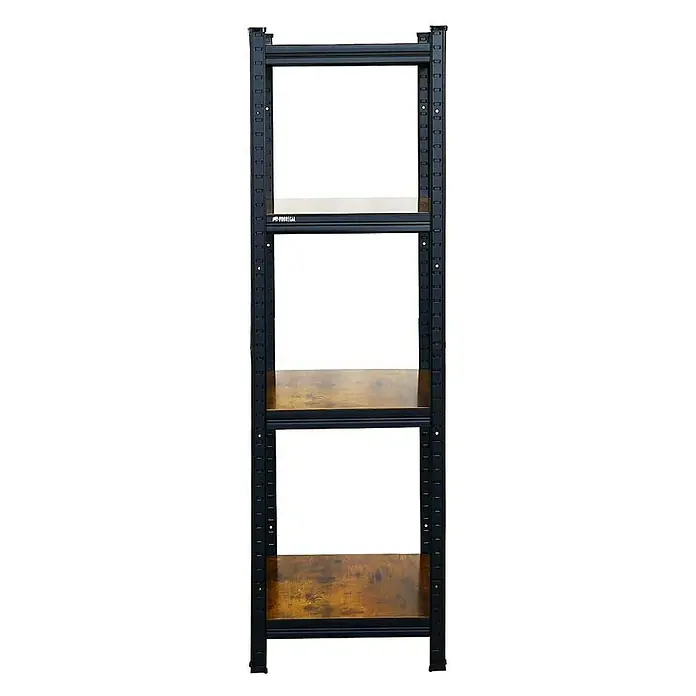Proregal Metallregal Mega Deal All Black Series Ragnar - Traglast pro Boden: 100 kg, Anzahl Böden: 4 Stk., Stecken, Schwarz - Das Bild zeigt ein Regal mit drei Holzböden und einem stabilen, schwarzen Metallrahmen. Es ist modern, robust und vielseitig einsetzbar.