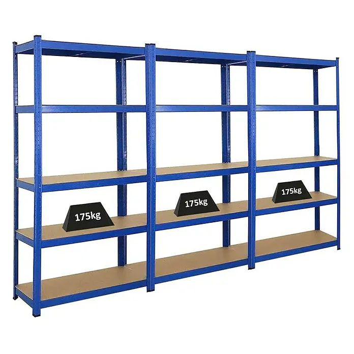 Proregal Schwerlastregal Mega Deal Ragnar - H x B x T: 180 x 90 x 40 cm, Traglast pro Boden: 175 kg, Anzahl Böden: 5 Stk., Stecken, Blau - Blaue Metallregale mit Holzböden, auf denen Gewichte von je 175 kg platziert sind. Ideal für Lagerung und Organisation.