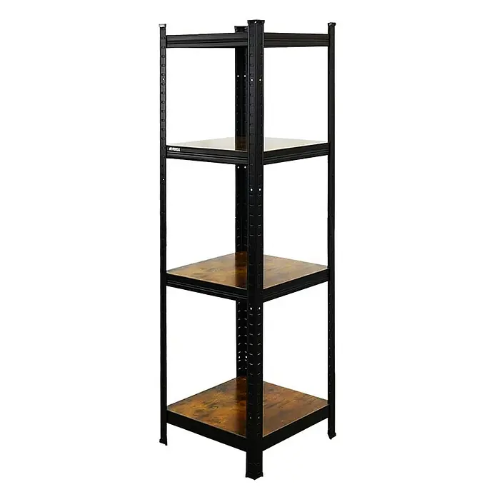 Proregal Metallregal Mega Deal All Black Series Ragnar - Traglast pro Boden: 100 kg, Anzahl Böden: 4 Stk., Stecken, Schwarz - Ein Regal mit vier Ebenen. Das Regal ist schwarz und hat braune Einlegeböden. Es ist ein praktisches Möbelstück zur Aufbewahrung von Gegenständen.