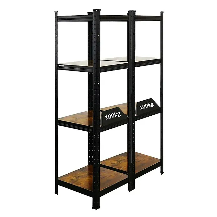 Proregal Metallregal Mega Deal All Black Series Ragnar - Traglast pro Boden: 100 kg, Anzahl Böden: 4 Stk., Stecken, Schwarz - Schwarzes Regal mit vier Ebenen und einer Belastbarkeit von 100 kg pro Ebene für Lagerung und Organisation.