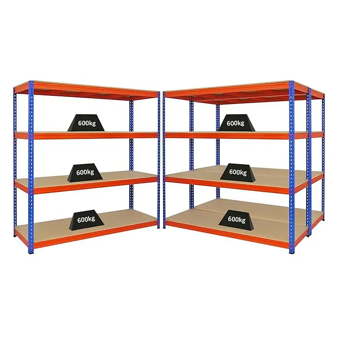 Proregal Schwerlastregal Mega Deal BISON - H x B x T: 200 x 200 x 60 cm, Traglast pro Boden: 600 kg, Anzahl Böden: 4 Stk., Stecken, Blau-Orange - Abbildung von zwei Schwerlastregalen mit drei Ebenen und einer Gewichtsbelastung von 600 kg auf jeder Ebene, ideal für Lagerhaltung.