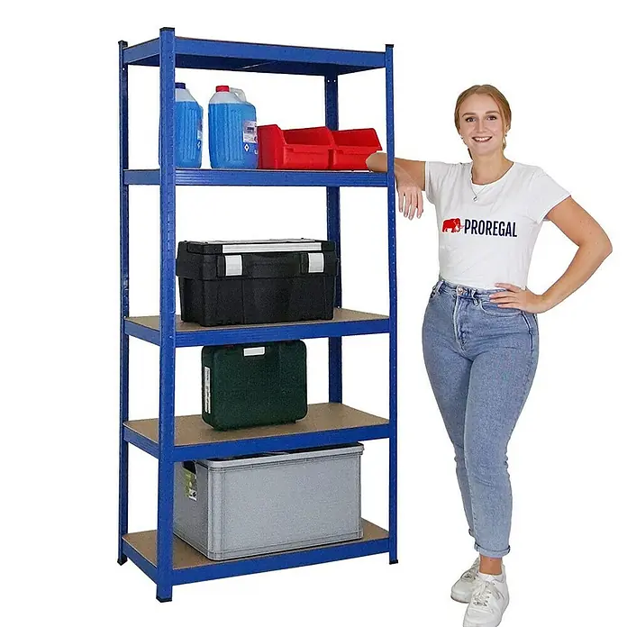 Proregal Schwerlastregal Mega Deal Ragnar - H x B x T: 180 x 90 x 40 cm, Traglast pro Boden: 175 kg, Anzahl Böden: 5 Stk., Stecken, Blau - Lagerregal mit fünf Ebenen und diversen Boxen, neben dem eine Frau steht.