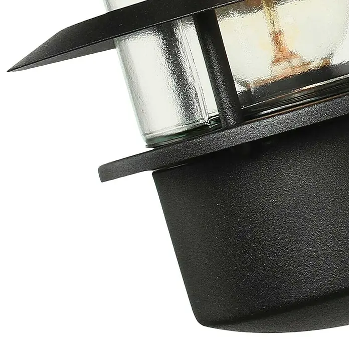 Elstead Außenwandleuchte Helsingor - 50 W, 26 x 21,8 x 23,6 cm, Schwarz, IP44 - Nahaufnahme einer Außenleuchte mit einem klaren Glaskörper und einer robusten, schwarzen Basis, die für den Außenbereich konzipiert ist.