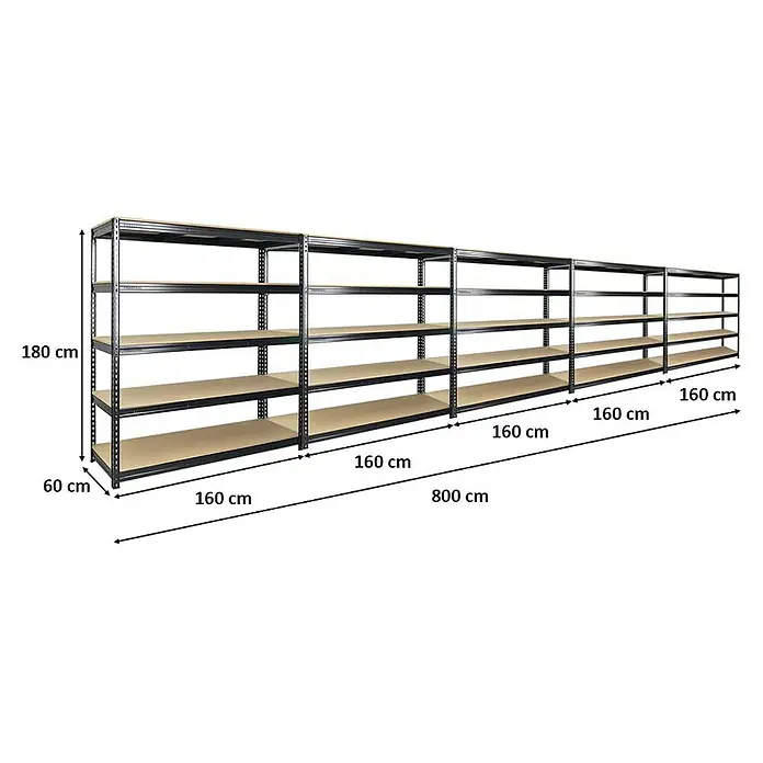 Proregal Schwerlastregal Mega Deal BISON - Traglast pro Boden: 600 kg, Anzahl Böden: 5 Stk., Stecken, Schwarz - Das Bild zeigt eine lange Lagerregalkonstruktion aus Metall mit Holzregalböden, ideal für Lagerung mit den Maßen 180 cm Höhe, 60 cm Tiefe und 800 cm Länge.
