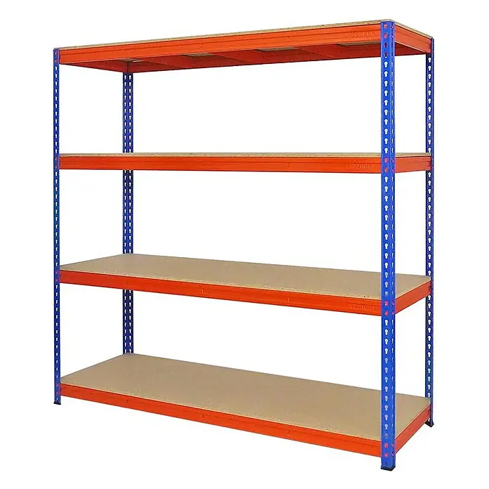 Proregal Schwerlastregal Mega Deal BISON - H x B x T: 200 x 200 x 60 cm, Traglast pro Boden: 600 kg, Anzahl Böden: 4 Stk., Stecken, Blau-Orange - Das Bild zeigt ein blau-oranges Metallregal mit vier Regalböden. Das Regal ist leer und eignet sich gut für Lagerzwecke in Garage oder Werkstatt.