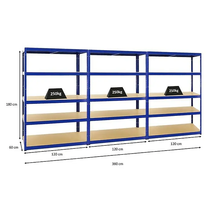 Proregal Schwerlastregal Mega Deal Big Elephant M - Traglast pro Boden: 250 kg, Anzahl Böden: 5 Stk., Stecken, Blau - Regal mit blauen Metallrahmen und vier Regalböden, belastet mit Gewichten, Maße sind angegeben.