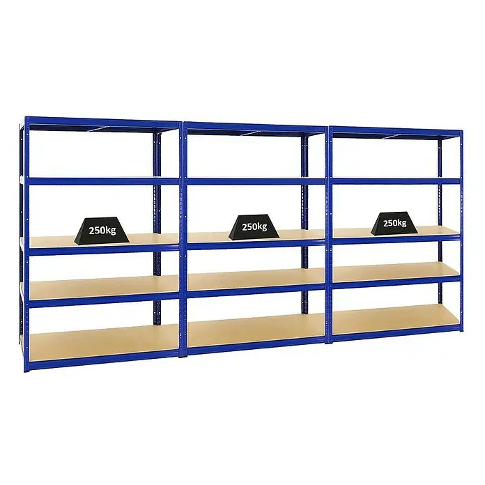 Proregal Schwerlastregal Mega Deal Big Elephant M - Traglast pro Boden: 250 kg, Anzahl Böden: 5 Stk., Stecken, Blau - Regal mit blauen Metallrahmen und Holzregalböden, wobei jedes Regal mit einem Gewicht von 250 kg belastet ist.