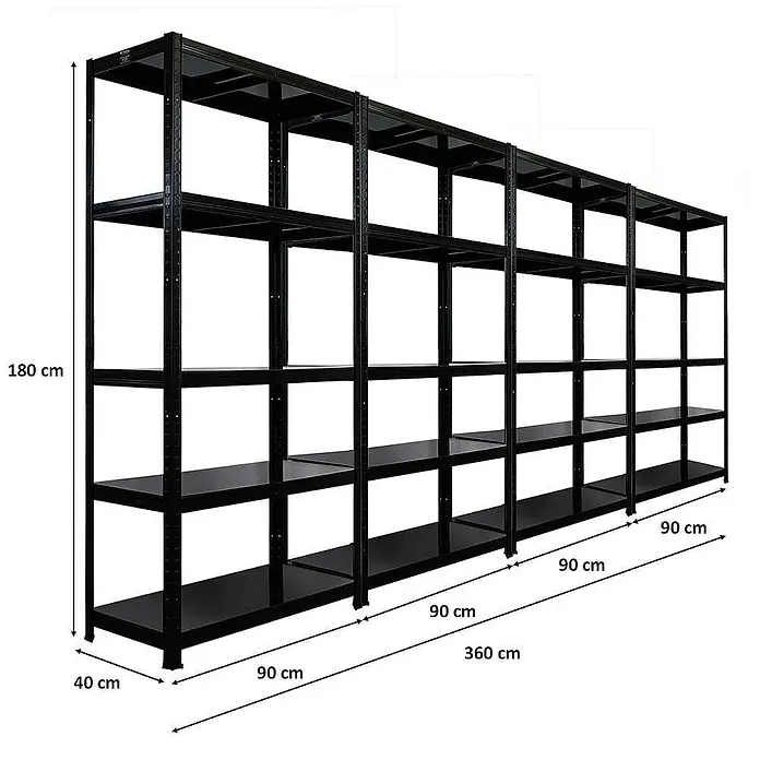 Proregal Metallregal Mega Deal Ragnar - Traglast pro Boden: 125 kg, Anzahl Böden: 5 Stk., Stecken, Schwarz - Bild eines schwarzen Metallregals mit fünf Regalböden und den Maßen 180 x 360 x 40 cm.