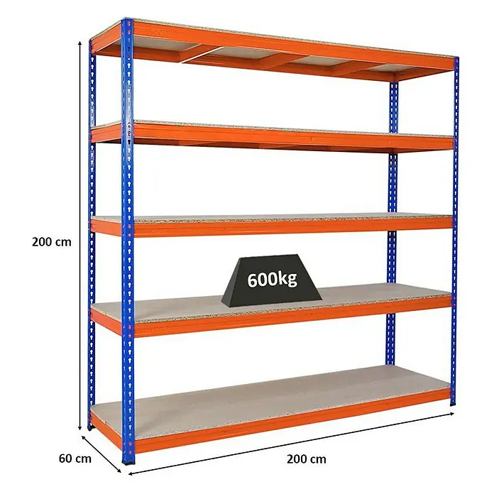 Proregal Schwerlastregal BISON - H x B x T: 200 x 200 x 60 cm, Traglast pro Boden: 600 kg, Anzahl Böden: 5 Stk., Stecken, Blau-Orange - Abbildung eines Schwerlastregals mit fünf Ebenen und einer Traglast von 600kg auf einer Ebene.
