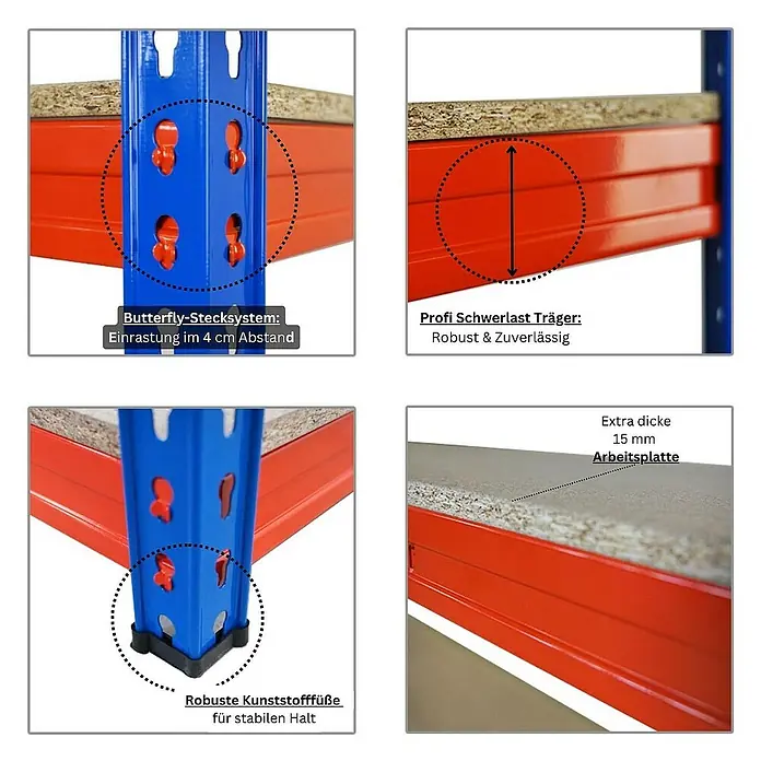 Proregal Schwerlastregal BISON - H x B x T: 200 x 200 x 60 cm, Traglast pro Boden: 600 kg, Anzahl Böden: 5 Stk., Stecken, Blau-Orange - Detailaufnahme eines Schwerlastregals mit Butterfly-Stecksystem, robusten Trägern, Kunststofffüßen und 15mm Arbeitsplatte.