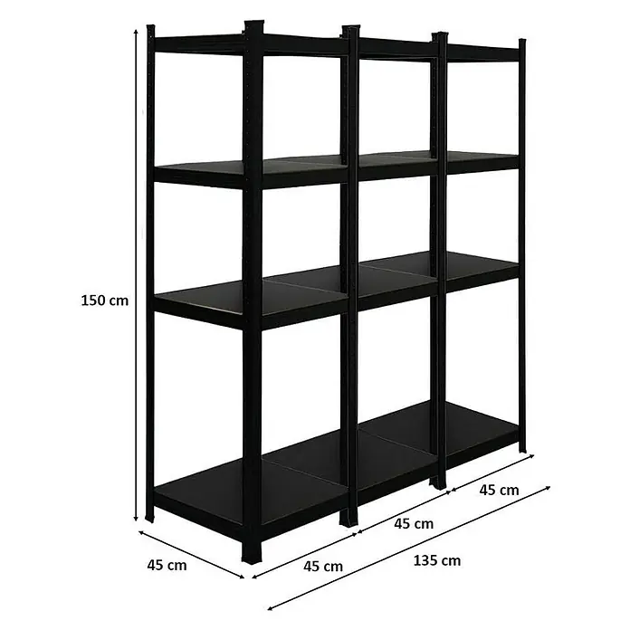 Proregal Metallregal Mega Deal All Black Series Ragnar - Traglast pro Boden: 100 kg, Anzahl Böden: 5 Stk., Stecken, Schwarz - Schwarzes, dreiteiliges Metallregal mit vier Ebenen und den Maßen 150 cm Höhe, 135 cm Breite und 45 cm Tiefe.
