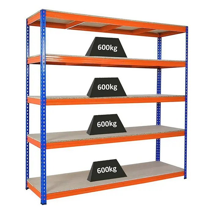 Proregal Schwerlastregal BISON - H x B x T: 200 x 200 x 60 cm, Traglast pro Boden: 600 kg, Anzahl Böden: 5 Stk., Stecken, Blau-Orange - Schwerlastregal mit vier Ebenen, jede beladen mit 600 kg Gewicht, ideal für Lagerung und Organisation.