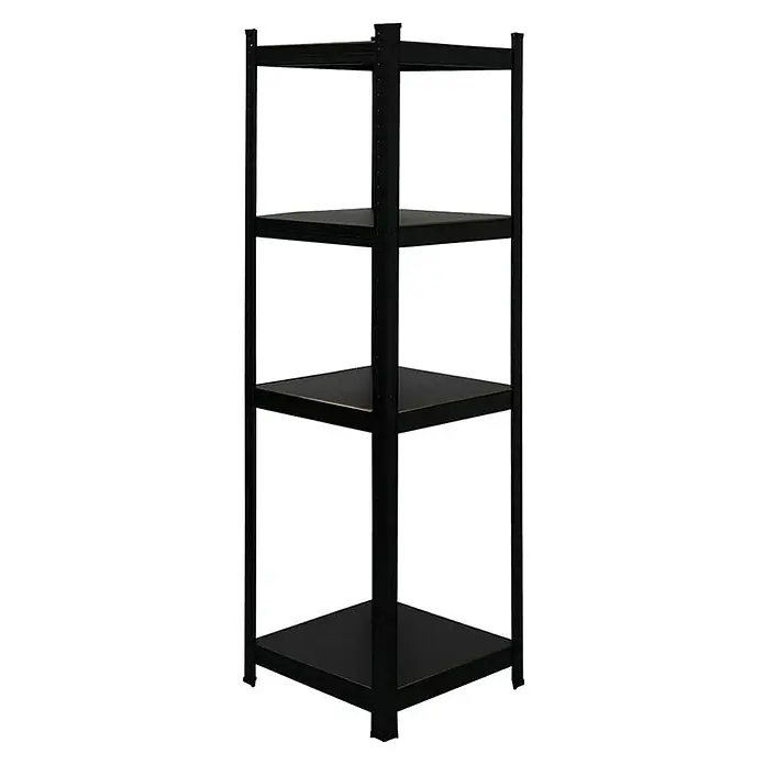 Proregal Metallregal Mega Deal All Black Series Ragnar - Traglast pro Boden: 100 kg, Anzahl Böden: 5 Stk., Stecken, Schwarz - Ein schwarzes Eckregal mit vier Regalböden, ideal zur platzsparenden Aufbewahrung in Ecken. Perfekt für Ordnung in jedem Raum.